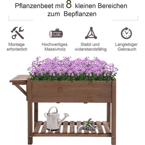 Jardinière surélevée 8 casiers, support pliable, bac à plantes, pot à fleurs, herbes aromatiques, bois massif, marron, 123x54x80 cm