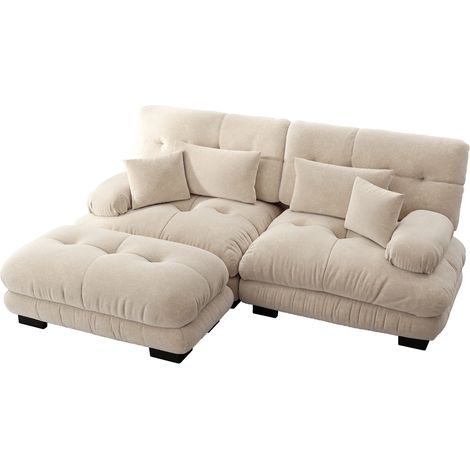 Canapé d'angle modulable en chenille vintage beige clair avec 2 coussins lombaires et 2 coussins déco (1/5)