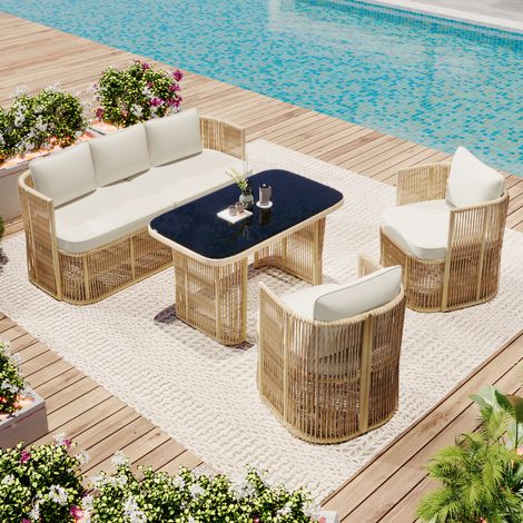 Salon jardin rotin PE 5 pièces, canapé 3 places + 2 fauteuils + table verre, polyester, acier, résistant (1/5)