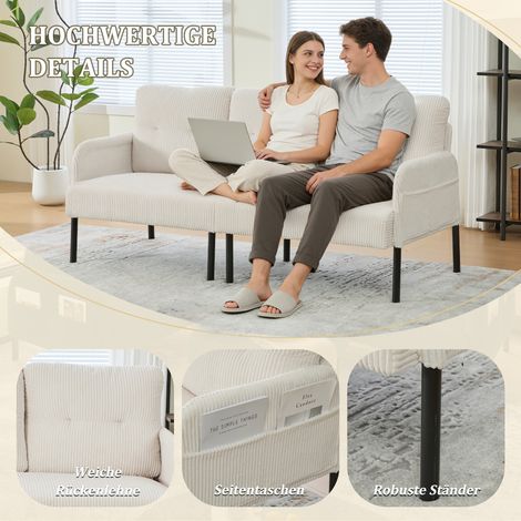 Canapé 3 places avec rembourrage confortable, dossier haut et poches latérales pratiques. Pieds en métal robuste et construction solide. Polyvalent pour salon, chambre ou bureau à domicile. (1/5)