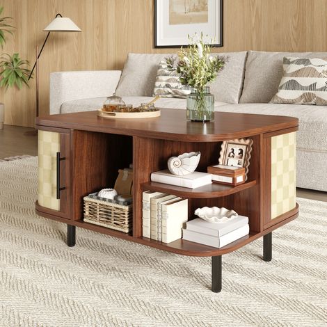 Table basse avec rangements, forme arrondie, MDF noyer, 80x60x47 cm, pieds métal (1/5)