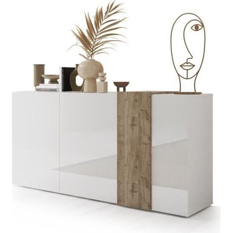 Veriaffari.It – Buffet 3 portes blanc et naturel clair – Panneau de particules mélaminé brillant – Dimensions 180.5x84.3x38 cm – Éco-responsable fabriqué en Europe (1/10)