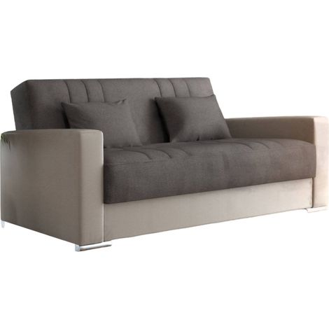 Dmora - Schlafsofa Dmede, 3-Sitzer-Container-Schlafsofa aus Kunstleder und Stoff, Wohnzimmersofa mit Klick-Klack-Öffnung und 2 Kissen inklusive, 230x96h101 cm, Beige und Grau (1/3)