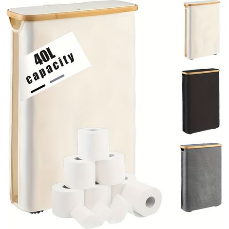 Cesto portabiancheria sottile con coperchio, 40 l, salvaspazio, fodera in rete rimovibile, tessuto Oxford, manici in bambù, pieghevole, 42 x 13 x 70,5 cm, bianco crema