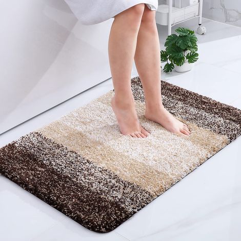 Tapis de Bain Doux - 60 x 90 cm - Antidérapant - Lavable - Tapis de Bain Moelleux à Poils Longs en Microfibre Absorbant - Marron (1/5)