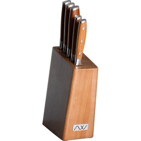Bloc à couteaux de cuisine 6 pièces – Couteaux de chef ultra-tranchants en acier inoxydable allemand – Manches en bois naturel avec soie pleine (1/5)