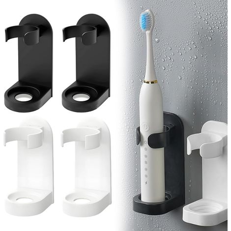 Support Brosse a Dent Electrique, 4 Pièces Porte Brosse à Dents Électriques, Support de Brosses à Dents Électrique, Aadhésif Porte Brosses à Dents Mural pour Salle de Bain (Noir, Blanc) (1/5)