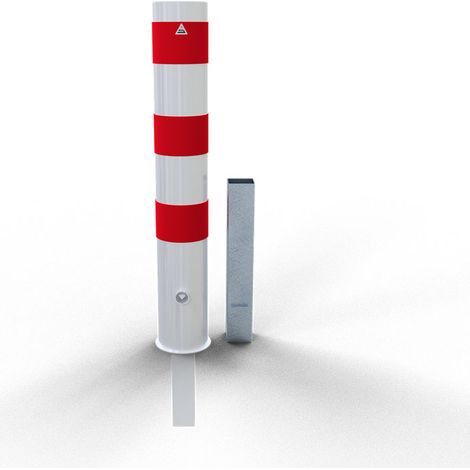 Schake Stahlrohrpoller herausnehmbaraus Stahlrohr verzinkt Ø152x3,2mm weiß beschichtet mit rot reflektierenden Leuchtstreifen Dreikantverschluss 1500mm Gesamtlänge (1/2)