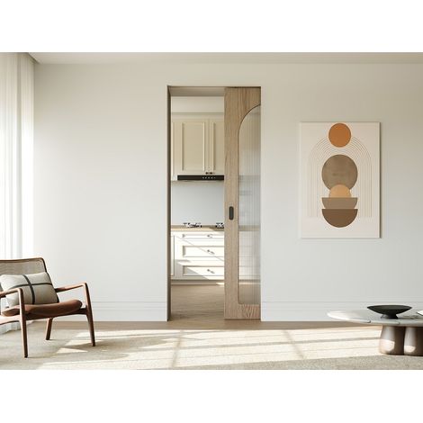 Porta scorrevole con sistema a scomparsa in legno e MDF - arco in vetro temperato scanalato - H205 x L83 cm - ODEZA (1/2)