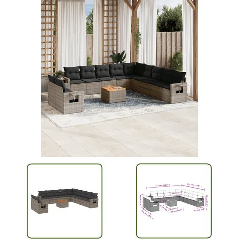 The Living Store 12-tlg. Garten-Sofagarnitur mit Kissen Grau Poly Rattan - Gartenmöbel Set - PE-Rattan Möbel - Outdoor Lounge - Esszimmergarnitur - Balkonmöbel (1/3)
