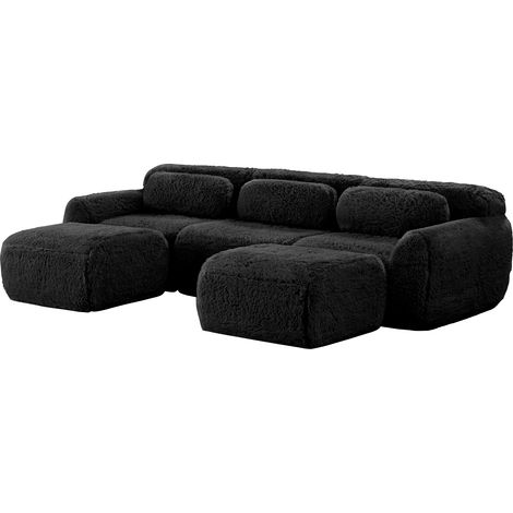 ELVMI Divano Modulare Angolare con Ottomana, Forma a U o L, senza Montaggio, Tessuto Peluche Nero (1/5)