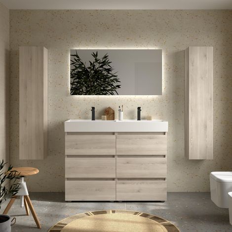 Meuble de salle de bain BEQUIA 3C 120cm Naturel Vasque Veneto Porcelaine Centrale (1/4)
