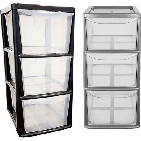 1 x 3 Black Drawer Storage Tower Units With Clear Spacious Drawers