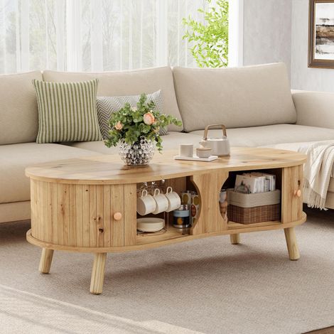 Table basse en forme de pois avec motif rainuré, 2 portes coulissantes, table de salon, aspect bois, pieds en bois massif, matériau MDF