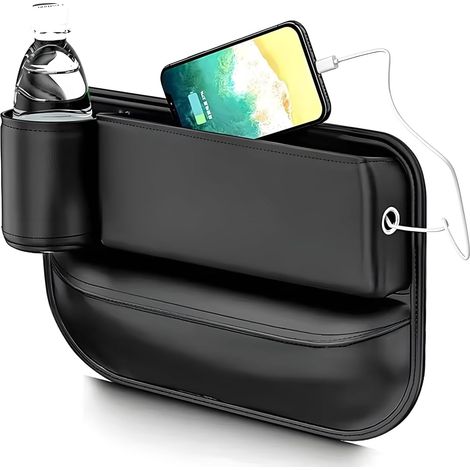 (Siège de Conduite Gauche)Sac D'espacement pour Porte-Gobelet En Cuir De Voiture, Idéal pour Ranger Portefeuille, Clés, Lunettes de Soleil, Boissons, Téléphone Portable et Plus Encore (1/5)