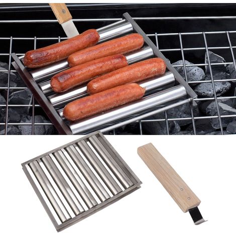 Grille à hot-dogs et saucisses en acier inoxydable avec long manche en bois, support de grille à hot-dogs pour barbecue de cuisine (1/5)