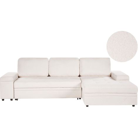 Corner Sofa Bed 3 Seater HRISEY Boucle White with Storage Left Hand