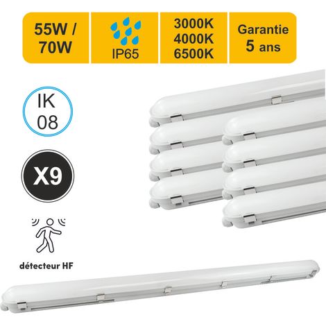Lot de 9 réglettes LED IP65 150cm 55/70W - 3CCT - détecteur mouvement - traversant - garantie 5 ans (1/5)