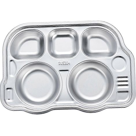 Plateau compartimenté en acier inoxydable pour enfants, assiettes réutilisables à compartiments pour bébés, idéal pour les repas en extérieur.-Bus (1/5)