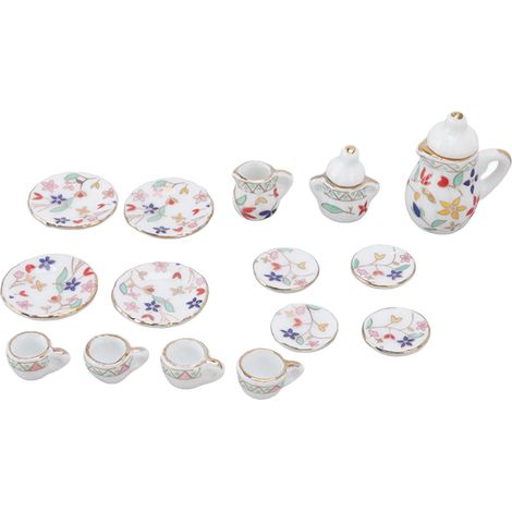 Service à thé miniature de 15 pièces pour maison de poupée, comprenant des tasses en céramique miniatures (type E). (1/5)