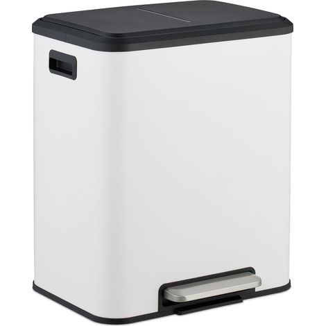 Relaxdays Kitchen Bin, 2 Compartments, 15 Litres Each, Inner Buckets, Foot Pedal, Recycling Dustbin, Soft-Close, White
