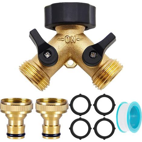 2-Wege-3/4"-Wasserverteiler, Wasseranschluss, Wasserhahn, Y-Verteiler, Zuleitungsschlauch für Waschmaschine, Geschirrspüler, Gartenschlauch, Gartenadapter (gold) (1/5)