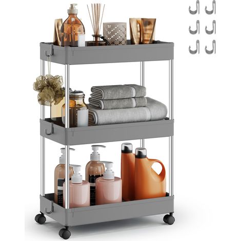 Chariot de Cuisine à 3 Niveaux, Étagère de Cuisine, Étagère Étroite, avec 6 Crochets, Structure en Acier, Salle de Bain, 23,6 x 42 x 60,6 cm, Gris Tourterelle (1/5)