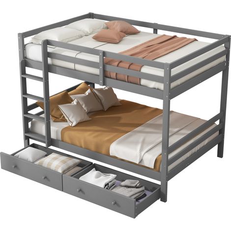 Lit superposé 140x200 cm avec tiroirs, rangements sous le lit, échelle et barrières hautes, gris, en bois et MDF, pour chambre d'enfant - CHICFURN (1/5)
