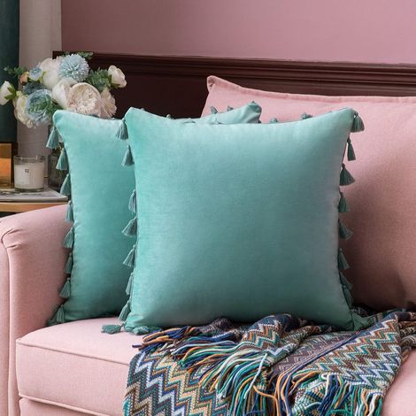 Lot de 2 Housses de Coussin à Franges Décoartives Solides en Velour Doux Taies d’Oreiller Style Européen Carrée Décor pour Salon Bureau Chambre 45 x 45 cm 18 x 18 Pouces(verte) (1/2)
