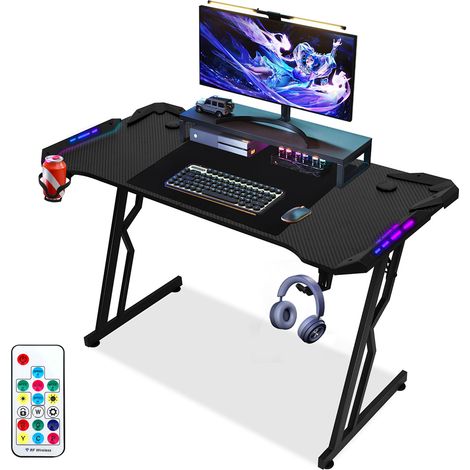 Jiubiaz Table gaming LED 140x60 cm bureau PC tube K pied Z avec télécommande (1/5)