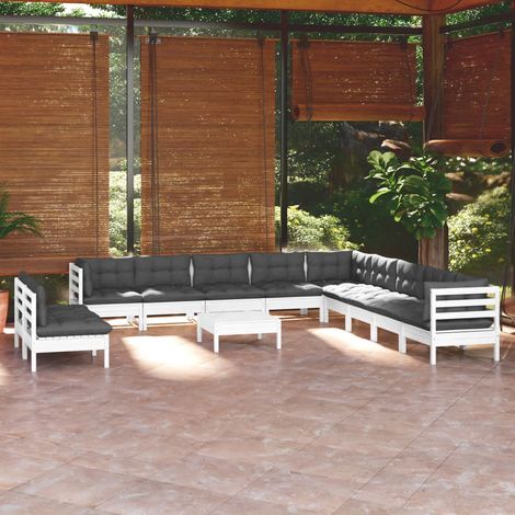 vidaXL Set Divani da Giardino 12 pz con Cuscini Bianchi Legno di Pino (1/5)
