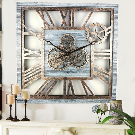 THE GEARS CLOCK Wanduhr mit echten beweglichen Zahnraedern - America Collection - 24" Quadratisch - Silver - Grey (1/5)