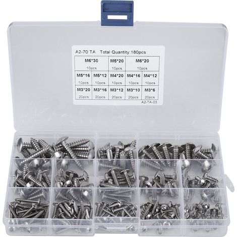 Assortiment de vis autotaraudeuses à tête plate en acier inoxydable M3 M4 M5 M6, 180 pièces, à usages multiples