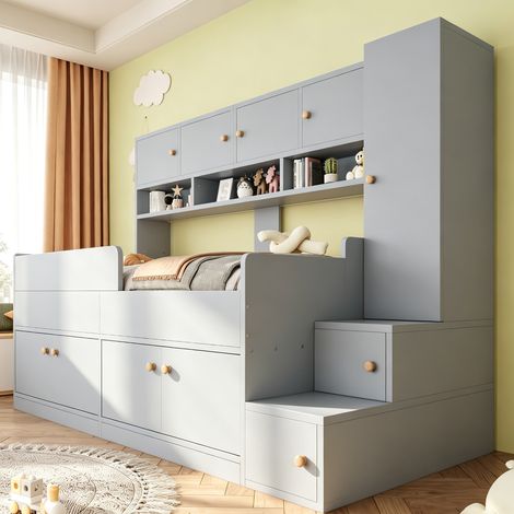 DESMIU Lit Enfant 90 × 200 cm avec Rangements, Armoire, LED et Barrières, Sans Matelas, en Bois, Gris (1/5)