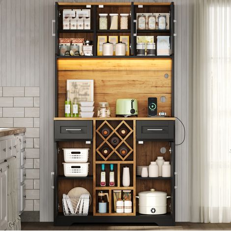 Mobile da cucina alto con LED, portabottiglie, 105 x 40 x 180 cm, MDF, naturale e nero DESVIAE (1/5)