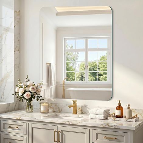Miroir de Salle de Bain rectangulaire sans Cadre, Miroir Mural de 76x90 cm, Miroir en Verre incassable, réflexion HD, Coins arrondis, adapté à la Salle de Bain, la Chambre à Coucher (1/5)