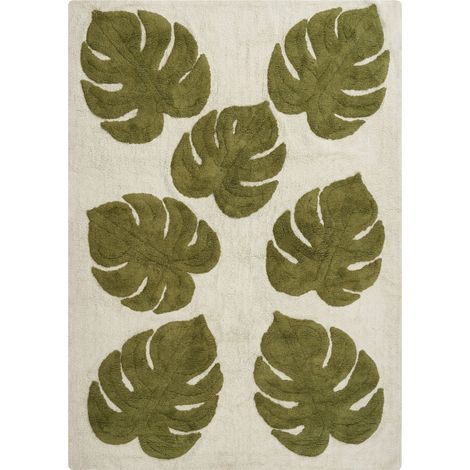 Kids Rug Beige and Green Cotton 140 x 200 cm Tufted Rectangular Shaped Leaves Pattern BOTANIST (1/5)