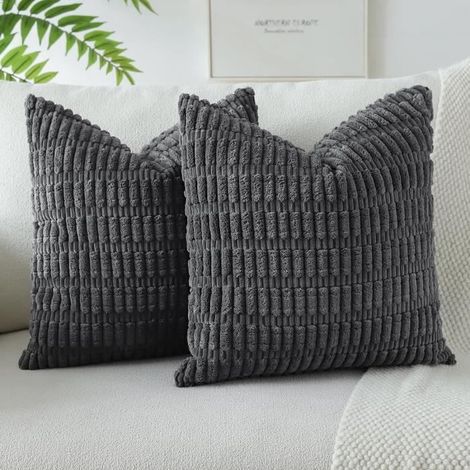 2 housses de coussin velours côtelé, 45 x 45 cm, gris foncé, décoration intérieure canapé et salon (1/4)