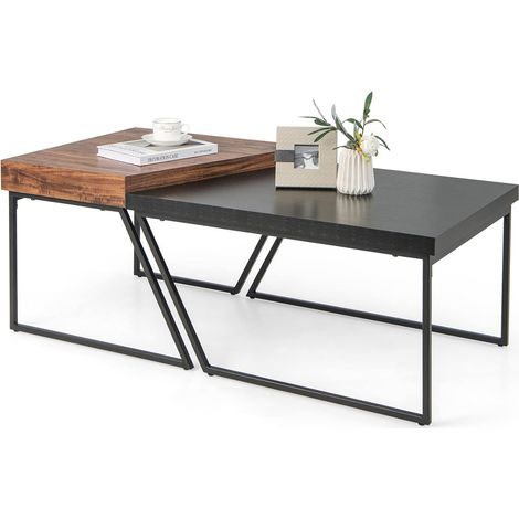 COSTWAY Juego de 2 Mesas Auxiliares de Centro, Mesa Auxiliar de Nido con Patas de Metal con Recubrimiento en Polvo, Mesa Nido de Café Trapezoidal para Sala de Estar Oficina Dormitorio (1/5)