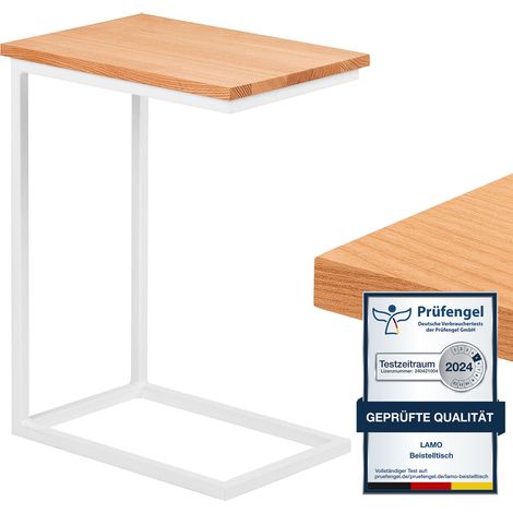 LAMO Manufaktur table d'appoint  table pour ordinateur portable  table de canapé  table basse mobile  table de chevet  45x30x67cm  cadre Blanc  plateau 100% bois massif couleur: Naturel (1/5)