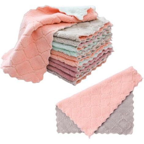 Pair Lot de 12 torchons en velours corail, chiffons de nettoyage de cuisine, chiffons en microfibre, chiffons absorbants et éliminant l'huile, lavettes