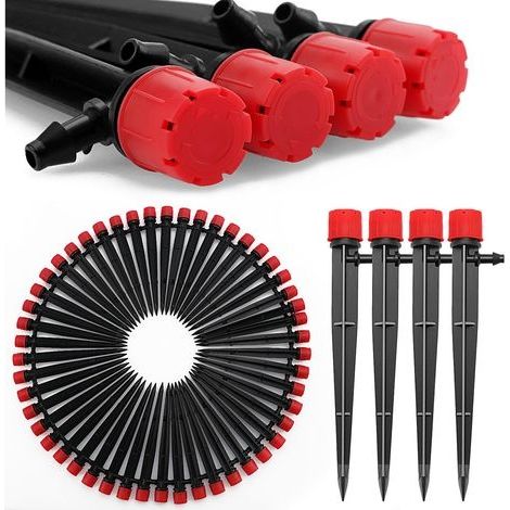 50 Pièces Goutteur Irrigation Réglable, 360 Degrés 8-Trou Micro Asperseur Goutte à Goutte avec Connecteur Barbelé & Piquet de Support pour Tube 4/7mm, Goutteur d'irrigation Insertion, Rouge (1/5)