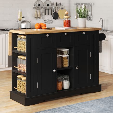 Desserte de cuisine 132x70x87 cm, avec 3 tiroirs, 2 portes de placard, 5 roulettes, étagères ouvertes, plateau rabattable en bois, porte-épices, porte-serviettes, style maison de campagne - Noir (1/5)