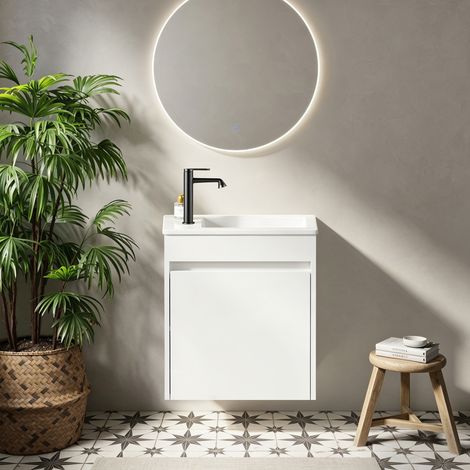 Meuble salle de bain 46cm, blanc, rangement spacieux 1 porte fermeture douce, meuble vasque compact, gain de place pour petite salle d'eau (1/5)