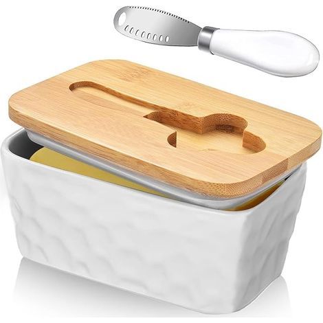 Butterdose mit Deckel und Buttermesser, Butterdose aus Glas und Porzellan, Butterdose, geruchsdichte Käsedose für den Kühlschrank, Butterdose aus Keramik für 250 g Butter (weiß) (1/5)