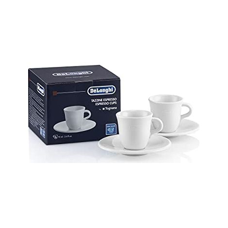 De'Longhi DLSC308 Set di 2 tazzine in porcellana ceramica, Made in Italy, Confortevole da Tenere, Senza Condensazione, Lavabile in Lavastoviglie, Capacità 70ml ciascuna, in dotazione anche i piattini (1/4)