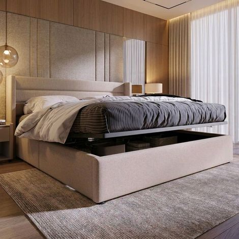 Cama canapé abatible 160x200 cm con somier de láminas, elevación hidráulica y cabecero capitoné - Estructura de metal y madera - Lino, beige (1/5)