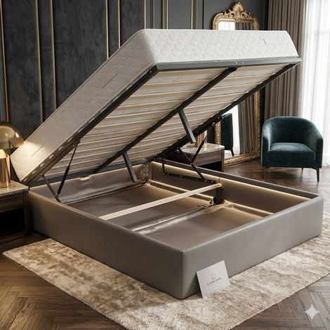 Ensemble Lit Coffre et Matelas 140x190 cm - Couleur : Gris - Sommier Relevable avec Grand Coffre de Rangement et Vérins Hydrauliques - Matelas Soutien Très Ferme Haute Densité - Lit Coffre Déhoussable (1/5)