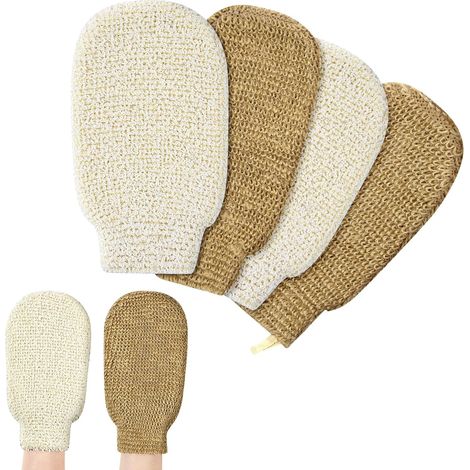 Exfoliërende handschoenen Natuurlijke Jute Body Scrub Mitt & Bad Accessoireset Dubbelzijdige Deep Clean Exfoliation Scrubbhandschoen voor douche en kerstkous vuller 4-pack - wit + bruin (1/5)