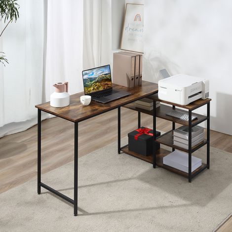 Bureau d'angle en forme de L, table PC avec étagère et tiroir, 135x90x79cm, marron rustique, panneau de particules et métal, pour bureau et télétravail (1/5)